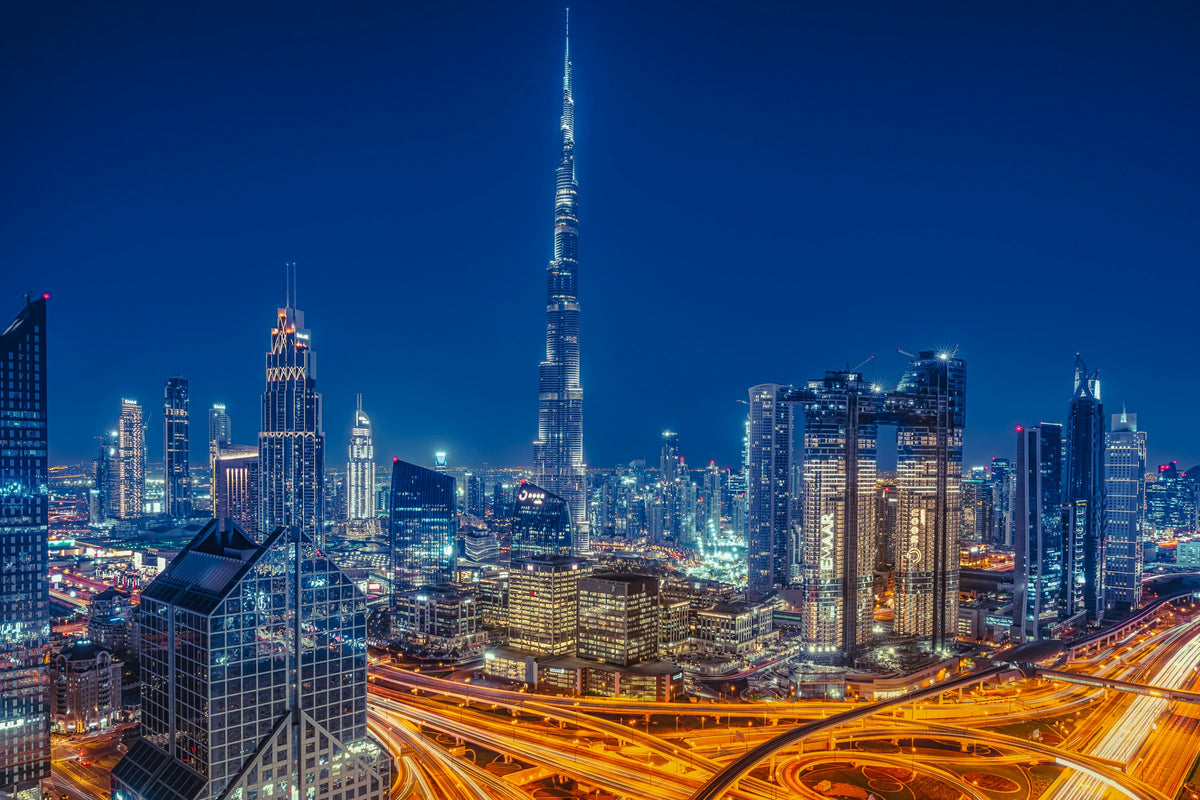 Dubai skyline with Burj Khalifa at dusk